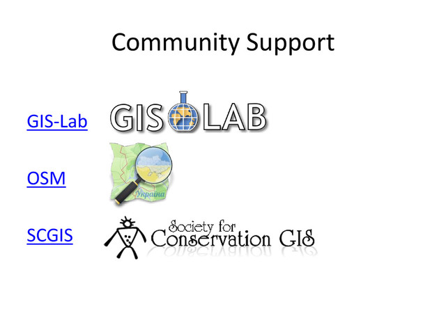 Community Support
GIS-Lab
OSM
SCGIS

