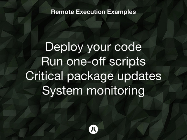 Remote Execution Examples
Deploy your code
Run one-off scripts
Critical package updates
System monitoring
