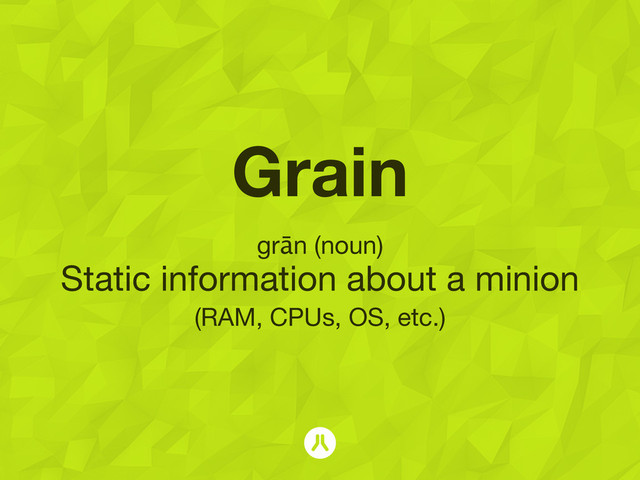 Grain
grān (noun)
Static information about a minion
(RAM, CPUs, OS, etc.)
