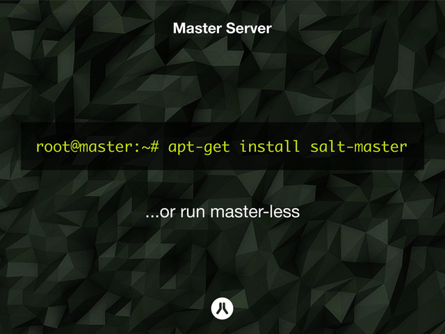 Master Server
root@master:~# apt-get install salt-master
...or run master-less
