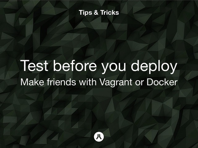Tips & Tricks
Test before you deploy
Make friends with Vagrant or Docker
