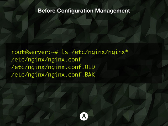 Before Conﬁguration Management
root@server:~# ls /etc/nginx/nginx*
/etc/nginx/nginx.conf
/etc/nginx/nginx.conf.OLD
/etc/nginx/nginx.conf.BAK
