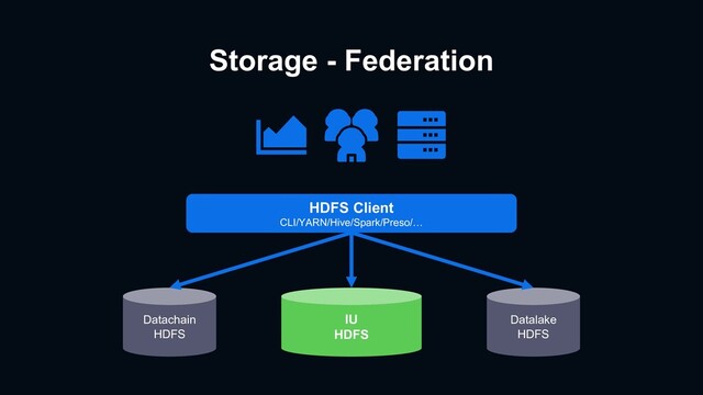 Storage - Federation
IU
HDFS
Datachain
HDFS
Datalake
HDFS
HDFS Client
CLI/YARN/Hive/Spark/Preso/…
