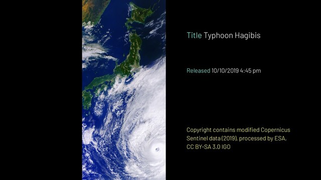 Title Typhoon Hagibis
Released 10/10/2019 4:45 pm
Copyright contains modiﬁed Copernicus
Sentinel data (2019), processed by ESA,
CC BY-SA 3.0 IGO
