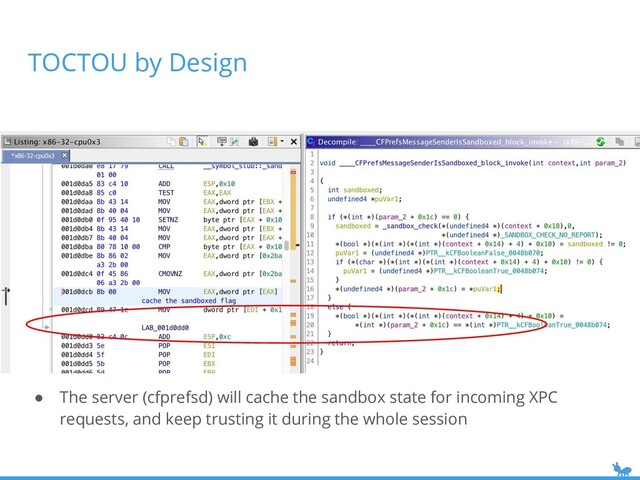 TOCTOU by Design
● The server (cfprefsd) will cache the sandbox state for incoming XPC
requests, and keep trusting it during the whole session
