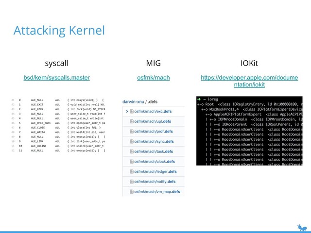 Attacking Kernel
syscall
bsd/kern/syscalls.master
MIG IOKit
osfmk/mach https://developer.apple.com/docume
ntation/iokit
