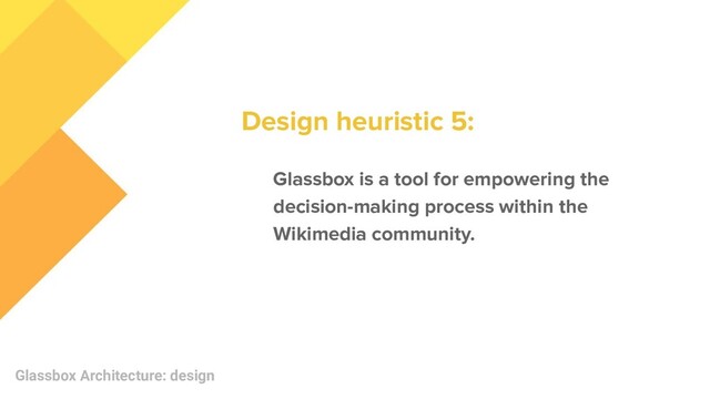 Glassbox Architecture: design
Glassbox is a tool for empowering the
decision-making process within the
Wikimedia community.
Design heuristic 5:
