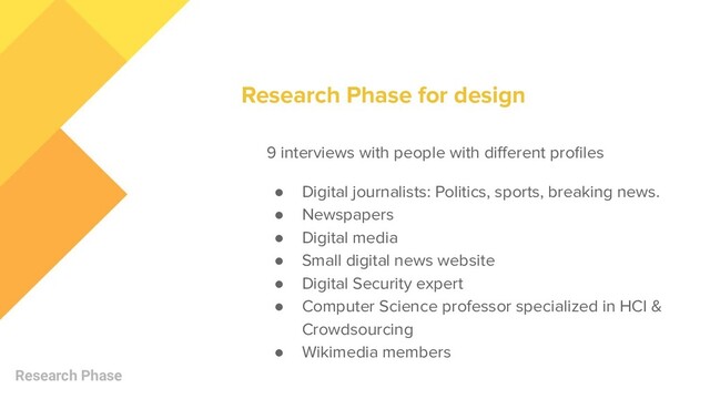 Research Phase
9 interviews with people with diﬀerent proﬁles
● Digital journalists: Politics, sports, breaking news.
● Newspapers
● Digital media
● Small digital news website
● Digital Security expert
● Computer Science professor specialized in HCI &
Crowdsourcing
● Wikimedia members
Research Phase for design
