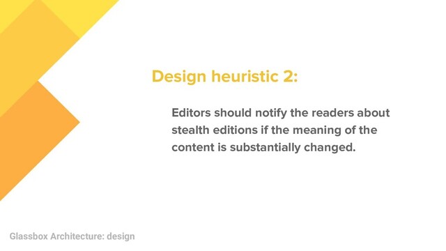 Glassbox Architecture: design
Editors should notify the readers about
stealth editions if the meaning of the
content is substantially changed.
Design heuristic 2:
