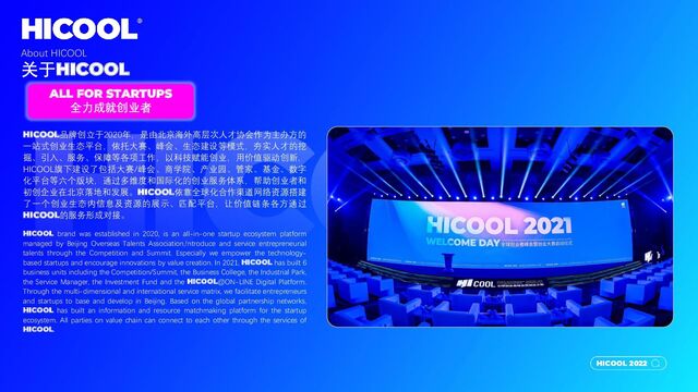 HICOOL 2022
HICOOL品牌创立于2020年，是由北京海外高层次人才协会作为主办方的
一站式创业生态平台，依托大赛、峰会、生态建设等模式，夯实人才的挖
掘、引入、服务、保障等各项工作，以科技赋能创业，用价值驱动创新，
HICOOL旗下建设了包括大赛/峰会、商学院、产业园、管家、基金、数字
化平台等六个版块，通过多维度和国际化的创业服务体系，帮助创业者和
初创企业在北京落地和发展。HICOOL依靠全球化合作渠道网络资源搭建
了一个创业生态内信息及资源的展示、匹配平台，让价值链条各方通过
HICOOL的服务形成对接。
HICOOL brand was established in 2020, is an all-in-one startup ecosystem platform
managed by Beijing Overseas Talents Association,!ntroduce and service entrepreneurial
talents through the Competition and Summit. Especially we empower the technology-
based startups and encourage innovations by value creation. In 2021, HICOOL has built 6
business units including the Competition/Summit, the Business College, the Industrial Park,
the Service Manager, the Investment Fund and the HICOOL@ON-LINE Digital Platform.
Through the multi-dimensional and international service matrix, we facilitate entrepreneurs
and startups to base and develop in Beijing. Based on the global partnership networks,
HICOOL has built an information and resource matchmaking platform for the startup
ecosystem. All parties on value chain can connect to each other through the services of
HICOOL.
ALL FOR STARTUPS
全力成就创业者
About HICOOL
关于HICOOL
HICOOL 2022
