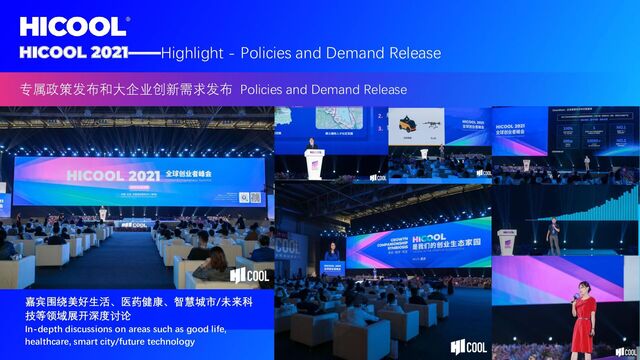 HICOOL 2021——Highlight - Policies and Demand Release
嘉宾围绕美好生活、医药健康、智慧城市/未来科
技等领域展开深度讨论
In-depth discussions on areas such as good life,
healthcare, smart city/future technology
专属政策发布和大企业创新需求发布 Policies and Demand Release
