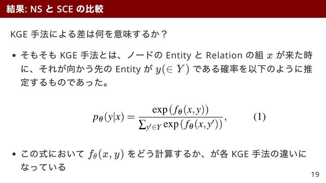 KGE
手法による差は何を意味するか？
そもそも KGE
手法とは、ノードの Entity
と Relation
の組 が来た時
に、それが向かう先の Entity
が である確率を以下のように推
定するものであった。
この式において をどう計算するか、が各 KGE
手法の違いに
なっている
結果
: NS
と
SCE
の比較
x
y(∈ Y )
f
​
(x, y)
θ
19
