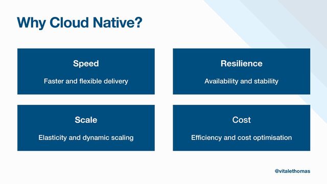 Why Cloud Native?
Speed
Faster and
fl
exible delivery
Cost


Ef
fi
ciency and cost optimisation
Scale
Elasticity and dynamic scaling
Resilience
Availability and stability
@vitalethomas
