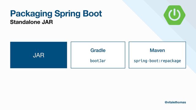 Packaging Spring Boot
Standalone JAR
JAR
Gradle


bootJar
Maven


spring-boot:repackage
@vitalethomas
