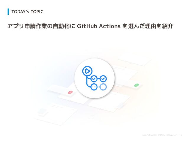 conﬁdential ©KitchHike Inc.
TODAY’s TOPIC
3
アプリ申請作業の自動化に GitHub Actions を選んだ理由を紹介
