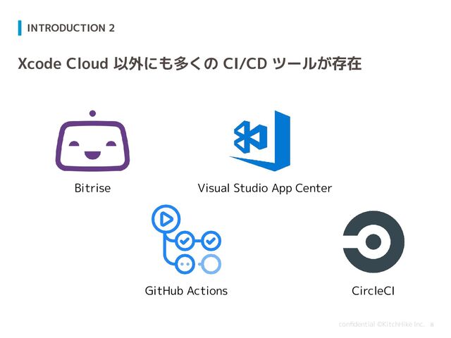 conﬁdential ©KitchHike Inc.
Xcode Cloud 以外にも多くの CI/CD ツールが存在
INTRODUCTION 2
8
Bitrise Visual Studio App Center
GitHub Actions CircleCI
