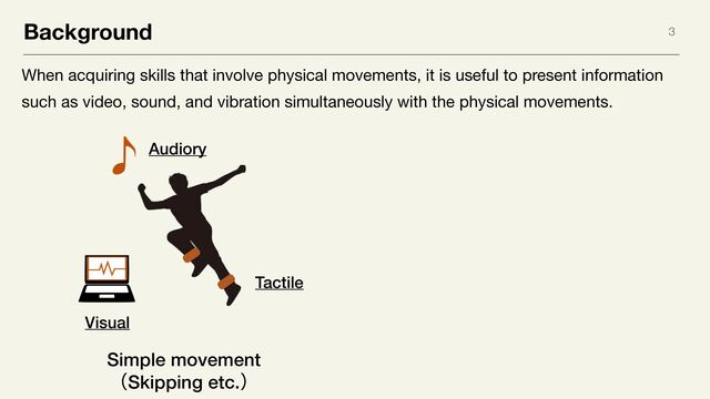Background 3
When acquiring skills that involve physical movements, it is useful to present information
such as video, sound, and vibration simultaneously with the physical movements.
Simple movement


ʢSkipping etc.ʣ
Tactile
Audiory
Visual
