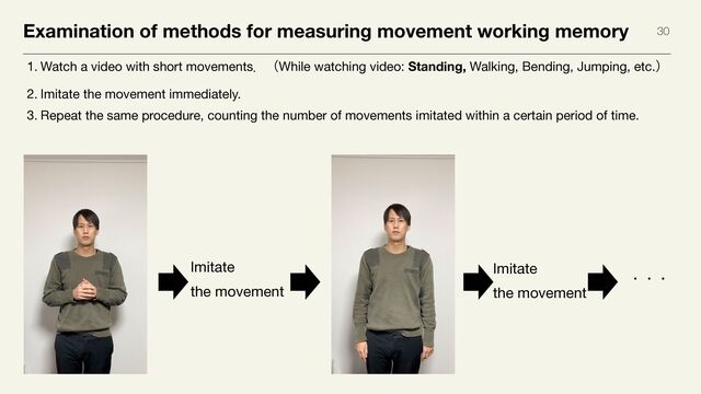 Examination of methods for measuring movement working memory 30
Imitate

the movement
1. Watch a video with short movementsɽʢWhile watching video: Standing, Walking, Bending, Jumping, etc.ʣ

2. Imitate the movement immediately.

3. Repeat the same procedure, counting the number of movements imitated within a certain period of time.
ɾɾɾ
Imitate

the movement
