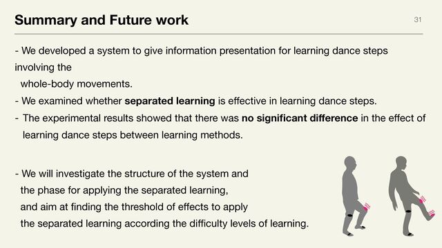 Summary and Future work 31
- We developed a system to give information presentation for learning dance steps
involving the 

whole-body movements. 

- We examined whether separated learning is e
ff
ective in learning dance steps. 

- The experimental results showed that there was no signi
fi
cant di
ff
erence in the e
ff
ect of
learning dance steps between learning methods.
- We will investigate the structure of the system and  
the phase for applying the separated learning,  
and aim at
fi
nding the threshold of e
ff
ects to apply  
the separated learning according the di
ffi
culty levels of learning.
