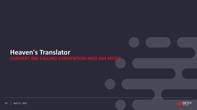 April 21, 2021
Heaven's Translator
CONVERT X86 CALLING CONVENTION INTO X64 MODE
20
