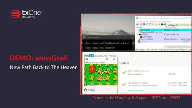 DEMO: wowGrail
New Path Back to The Heaven
Process Hollowing & Bypass HIPS of NOD32

