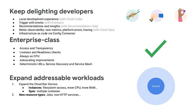 Keep delighting developers
Enterprise-class
Expand addressable workloads
● Access and Transparency
● Liveness and Readiness checks
● Always on CPU
● Autoscaling improvements
● Deterministic URLs, Service Discovery and Service Mesh
✓
Current
Current
🠻
🠻
🠻
🠻
● Local development experience (with Cloud Code)
● Trigger with events (with Eventarc)
● Recommendations and insights (with Recommendation Hub)
● Better observability: new metrics, platform errors, tracing (with Cloud Ops)
● Infrastructure as code via Conﬁg Connector
1. Expand the Cloud Run Service:
● Instances: ﬁlesystem access, more CPU, more RAM…
● Spec: multiple container
2. New resource types: Jobs, non-HTTP services...
