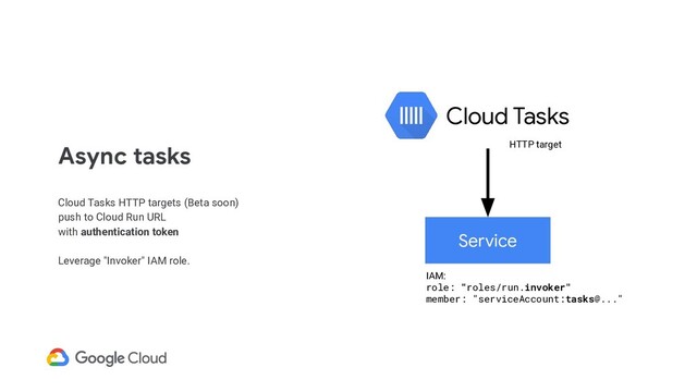 Async tasks
Cloud Tasks HTTP targets (Beta soon)
push to Cloud Run URL
with authentication token
Leverage "Invoker" IAM role.
Service
Cloud Tasks
IAM:
role: "roles/run.invoker"
member: "serviceAccount:tasks@..."
HTTP target
