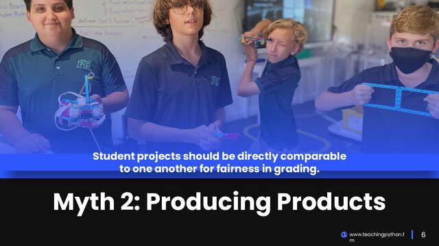 6
www.teachingpython.f
m
Student projects should be directly comparable
to one another for fairness in grading.
Myth 2: Producing Products
