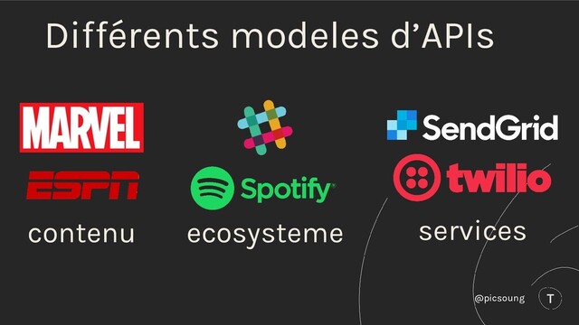 Différents modeles d’APIs
contenu ecosysteme
@picsoung
services
