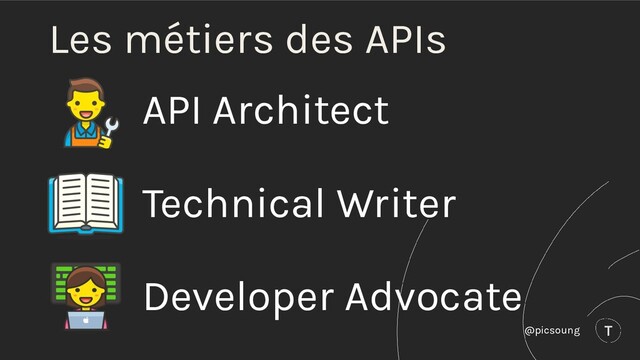 Les métiers des APIs
Technical Writer
API Architect
Developer Advocate
@picsoung
