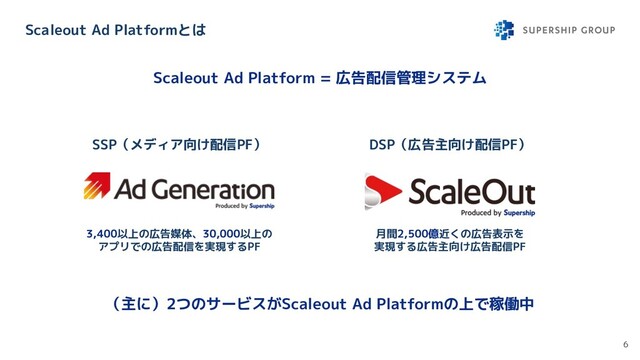 Scaleout Ad Platformとは
月間2,500億近くの広告表示を
実現する広告主向け広告配信PF
3,400以上の広告媒体、30,000以上の
アプリでの広告配信を実現するPF
SSP（メディア向け配信PF） DSP（広告主向け配信PF）
6
Scaleout Ad Platform = 広告配信管理システム
（主に）2つのサービスがScaleout Ad Platformの上で稼働中
