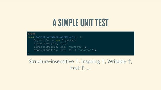 A SIMPLE UNIT TEST
Structure‑insensi ve ↑, Inspiring ↑, Writable ↑,
Fast ↑, …
@Test 
void assertSameWithSameObject() { 
    Object foo = new Object(); 
    assertSame(foo, foo); 
    assertSame(foo, foo, "message"); 
    assertSame(foo, foo, () ­> "message"); 
} 
