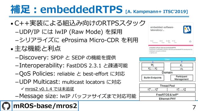 7
補⾜︓embeddedRTPS [A. Kampmann+ ITSC'2019]
• C++実装による組込み向けのRTPSスタック
UDP/IP には lwIP (Raw Mode) を採⽤
シリアライズに eProsima Micro-CDR を利⽤
• 主な機能と利点
Discovery: SPDP と SEDP の機能を提供
Interoperability: FastDDS 2.3.1 と疎通可能
QoS Policies: reliable と best-effort に対応
UDP Multicast: multicast locators に対応
ü mros2 v0.1.4 では未追従
Message size: lwIP バッファサイズまで対応可能
mROS-base/mros2
