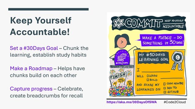 #Code2Cloud
https://aka.ms/30DaysOfSWA
Keep Yourself
Accountable!
Set a #30Days Goal – Chunk the
learning, establish study habits
Make a Roadmap – Helps have
chunks build on each other
Capture progress – Celebrate,
create breadcrumbs for recall
