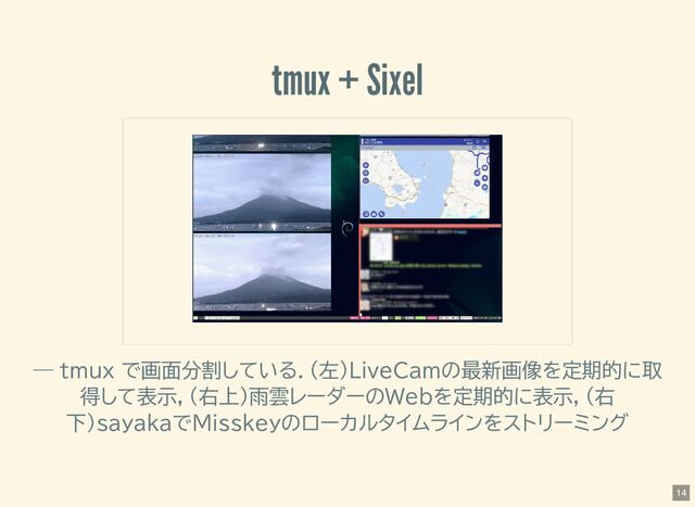 tmux + Sixel
— tmux で画面分割している．(左)LiveCamの最新画像を定期的に取
得して表示，(右上)雨雲レーダーのWebを定期的に表示，(右
下)sayakaでMisskeyのローカルタイムラインをストリーミング
14
