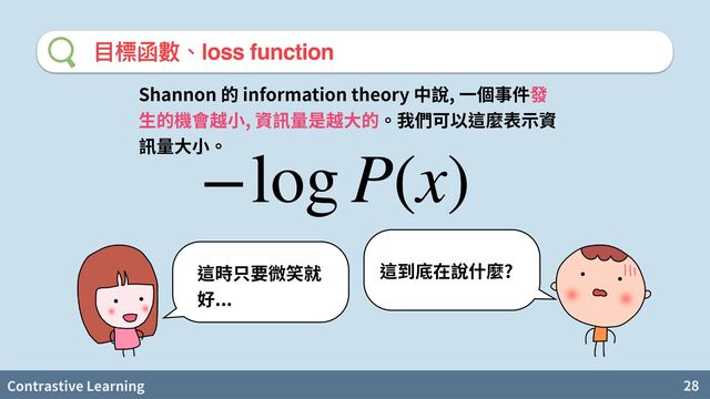 Contrastive Learning 28
⽬標函數、loss function
Shannon information theory ,
, 維
−log P(x)
?
...
