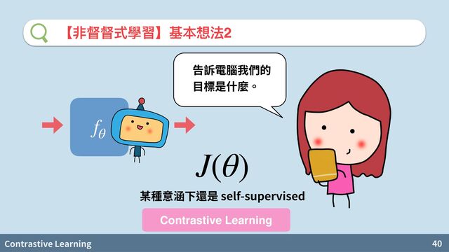 Contrastive Learning 40
【非督督式學習】基本想法2
fθ
J(θ)
self-supervised
Contrastive Learning
