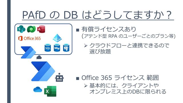 PAfD の DB はどうしてますか？
■ Office 365 ライセンス 範囲
➢ 基本的には、クライアントや
オンプレミス上のDBに限られる
■ 有償ライセンスあり
(アテンド型 RPA のユーザーごとのプラン等)
➢ クラウドフローと連携できるので
選び放題
