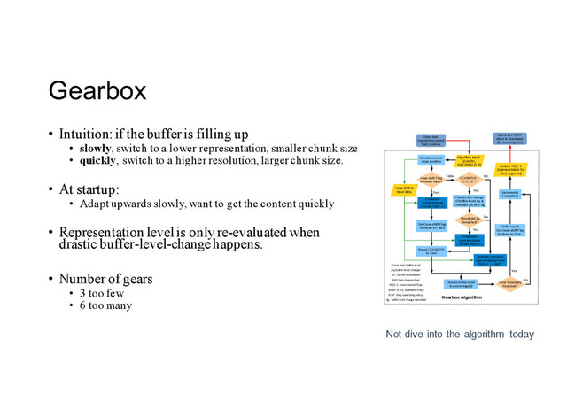 Gearbox
• Intuition: if the buffer is filling up
• slowly, switch to a lower representation, smaller chunk size
• quickly, switch to a higher resolution, larger chunk size.
• At startup:
• Adapt upwards slowly, want to get the content quickly
• Representation level is only re-evaluated when
drastic buffer-level-change happens.
• Number of gears
• 3 too few
• 6 too many
Checks current
Gear position
Gear-shift Flag
boolean value?
True
No
Upon last
Segment received,
Call Gearbox
Signal the HTTP
client to download
the next segment
Gear RSP &
Input data
COUNTER =
CYCLE ?
Yes
False
Evaluates
representation
( decide Ri(t)+1 )
Checks the change
of buffer-level ∆η &
Compare ∆η with ∆g
Threshold ∆g
breached?
Yes
Increments
COUNTER
Checks buffer-level
in percentage β
Set Gear-shift Flag
boolean to False
Evaluates
representation
( decide Ri(t)+1 )
Gear Boundary
Reached?
No
Yes
No
Shift Gear &
Set Gear-shift Flag
boolean to True
Reset COUNTER
to Zero
Output: Ri(t)+1
(representation for
Next segment)
Algorithm Input:
β,∆η,Bc,
Ri(t),{Ri|Ri R}
∈
Maintain previous
representation level
Ri(t)+1 : = Ri(t)
Gearbox Algorithm
β:real time buffer level
∆η:buffer level change
Bc: current Bandwidth
Ri(t):last chosen Rep
Ri(t)+1: next chosen Rep
{Ri|Ri R}: available Reps
∈
RSP: Rep switching policy
∆g: buffer level change threshold
Not dive into the algorithm today
