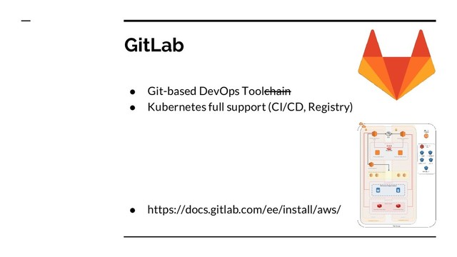 GitLab
● Git-based DevOps Toolchain
● Kubernetes full support (CI/CD, Registry)
● https://docs.gitlab.com/ee/install/aws/
