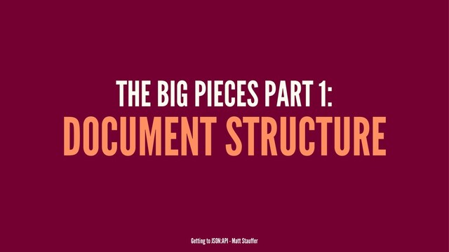 THE BIG PIECES PART 1:
DOCUMENT STRUCTURE
Getting to JSON:API - Matt Stauffer
