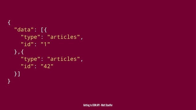 {
"data": [{
"type": "articles",
"id": "1"
},{
"type": "articles",
"id": "42"
}]
}
Getting to JSON:API - Matt Stauffer
