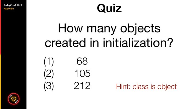 Quiz
How many objects

created in initialization?
(1) 68
(2) 105
(3) 212 Hint: class is object
