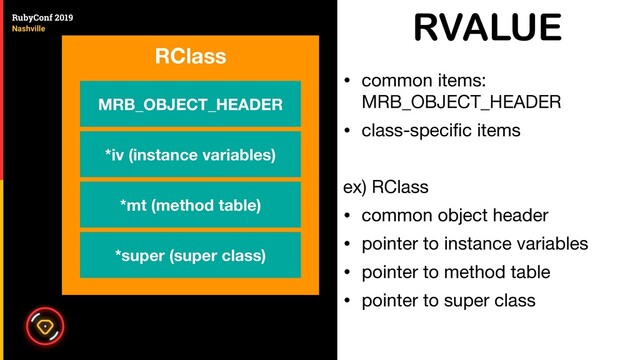 RVALUE
• common items:
MRB_OBJECT_HEADER

• class-speciﬁc items

ex) RClass

• common object header

• pointer to instance variables

• pointer to method table

• pointer to super class
MRB_OBJECT_HEADER
*iv (instance variables)
*mt (method table)
*super (super class)
RClass
