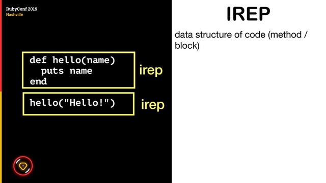 def hello(name)
puts name
end
hello("Hello!")
IREP
irep
irep
data structure of code (method /
block)

