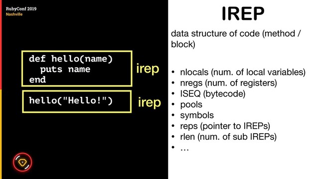 def hello(name)
puts name
end
hello("Hello!")
IREP
• nlocals (num. of local variables)

• nregs (num. of registers) 

• ISEQ (bytecode)

• pools

• symbols

• reps (pointer to IREPs)

• rlen (num. of sub IREPs)

• …
data structure of code (method /
block)
irep
irep
