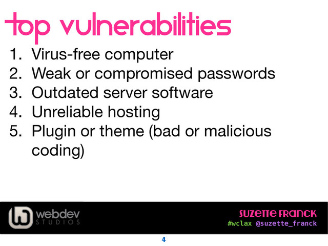Suzette Franck 
#wclax @suzette_franck
Top vulnerabilities
1. Virus-free computer

2. Weak or compromised passwords

3. Outdated server software

4. Unreliable hosting

5. Plugin or theme (bad or malicious
coding)
4

