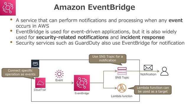 Amazon EventBridge
• A service that can perform notifications and processing when any event
occurs in AWS
• EventBridge is used for event-driven applications, but it is also widely
used for security-related notifications and incident response
• Security services such as GuardDuty also use EventBridge for notification
Notification
CloudTrail
Event
EventBridge
SNS Topic
Lambda function
Connect specific
operation as events
Use SNS Topic for a
notification
Lambda function can
be used as a target

