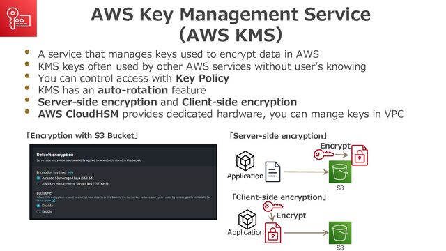 AWS Key Management Service
（AWS KMS）
• A service that manages keys used to encrypt data in AWS
• KMS keys often used by other AWS services without user’s knowing
• You can control access with Key Policy
• KMS has an auto-rotation feature
• Server-side encryption and Client-side encryption
• AWS CloudHSM provides dedicated hardware, you can mange keys in VPC
「Encryption with S3 Bucket」
Application
S3
「Client-side encryption」
Application
Encrypt
S3
「Server-side encryption」
Encrypt
