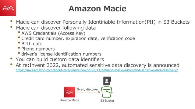 Amazon Macie
• Macie can discover Personally Identifiable Information(PII) in S3 Buckets
• Macie can discover following data
• AWS Credentials (Access Key)
• Credit card number, expiration date, verification code
• Birth date
• Phone numbers
• driver’s license identification numbers
• You can build custom data identifiers
• At re:Invent 2022, automated sensitive data discovery is announced
https://aws.amazon.com/about-aws/whats-new/2022/11/amazon-macie-automated-sensitive-data-discovery/
Amazon Macie S3 Bucket
Scan, discover
